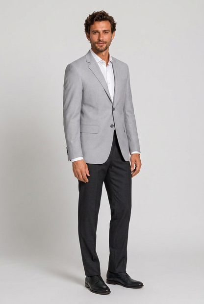 Blazer Slim Italiano Microfibra Cinza Claro - tres quartos