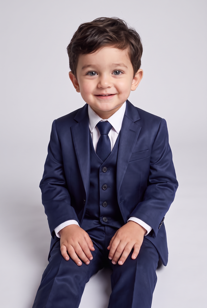 Nicolas terno infantil poliviscose azul marinho - sentado sorrindo