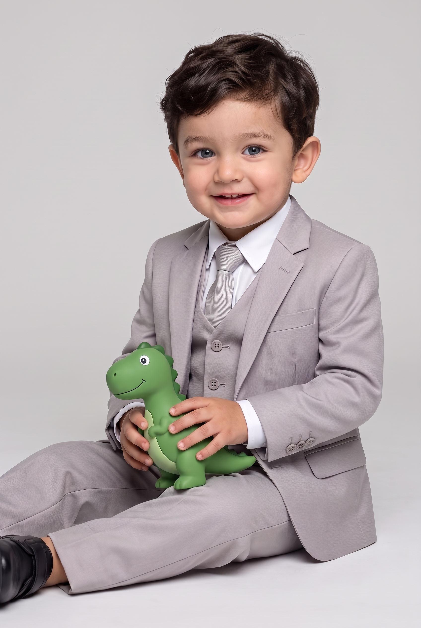 Nicolas terno infantil poliviscose cinza claro - sentado com brinquedo