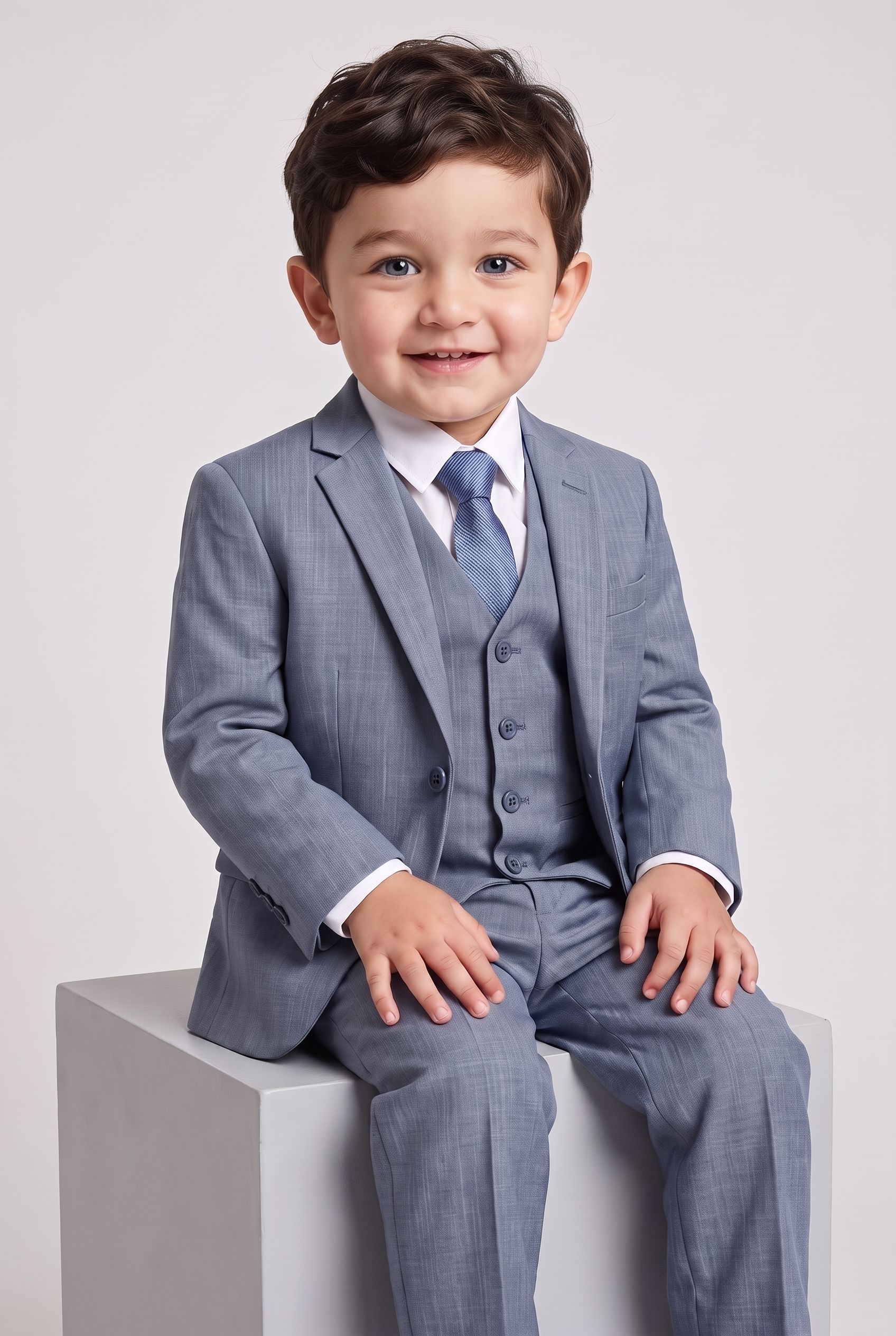 Nicolas terno infantil melange cinza médio sentado
