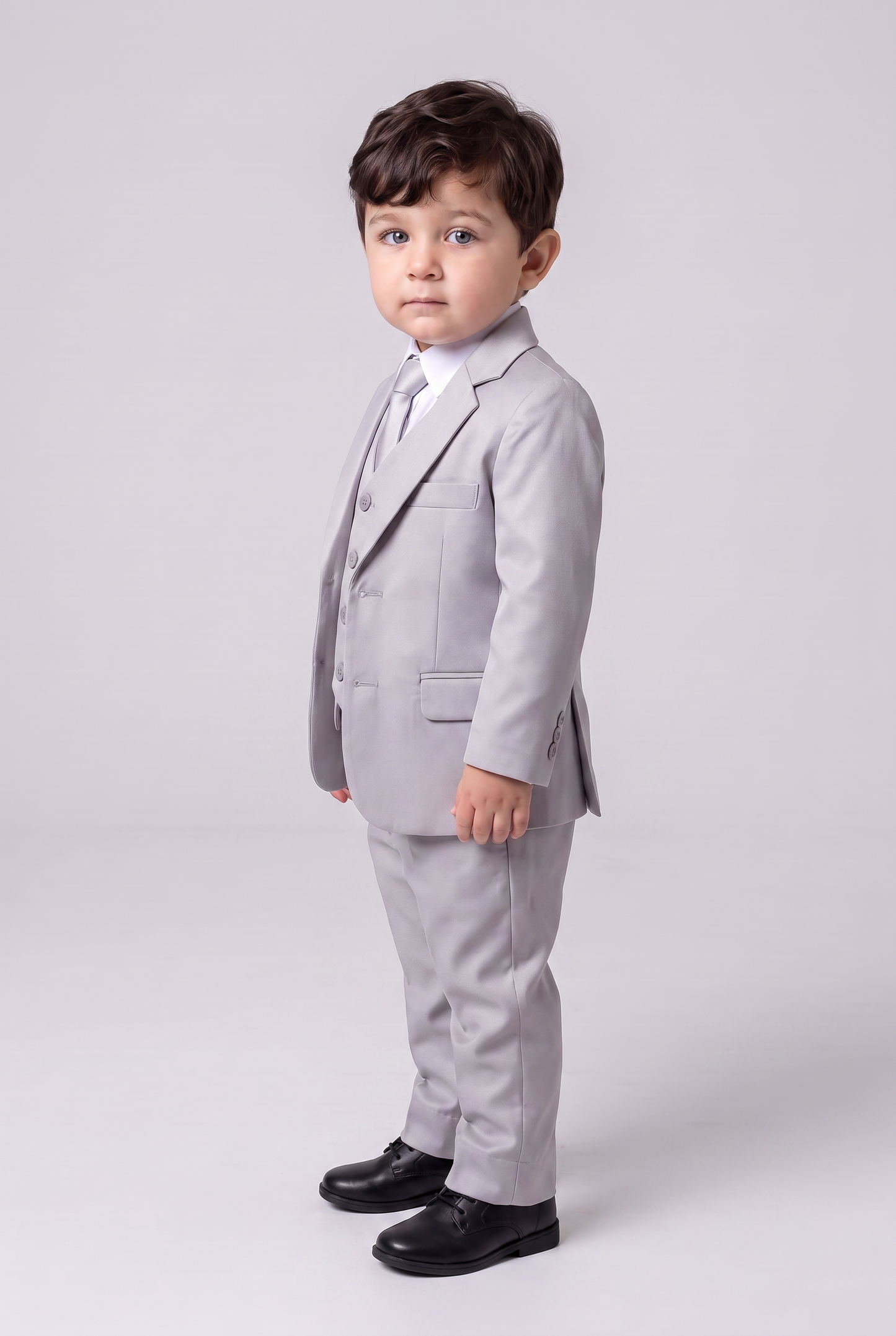 Terno Infantil Slim Italiano Poliviscose Cinza Claro - vista tres quartos lateral