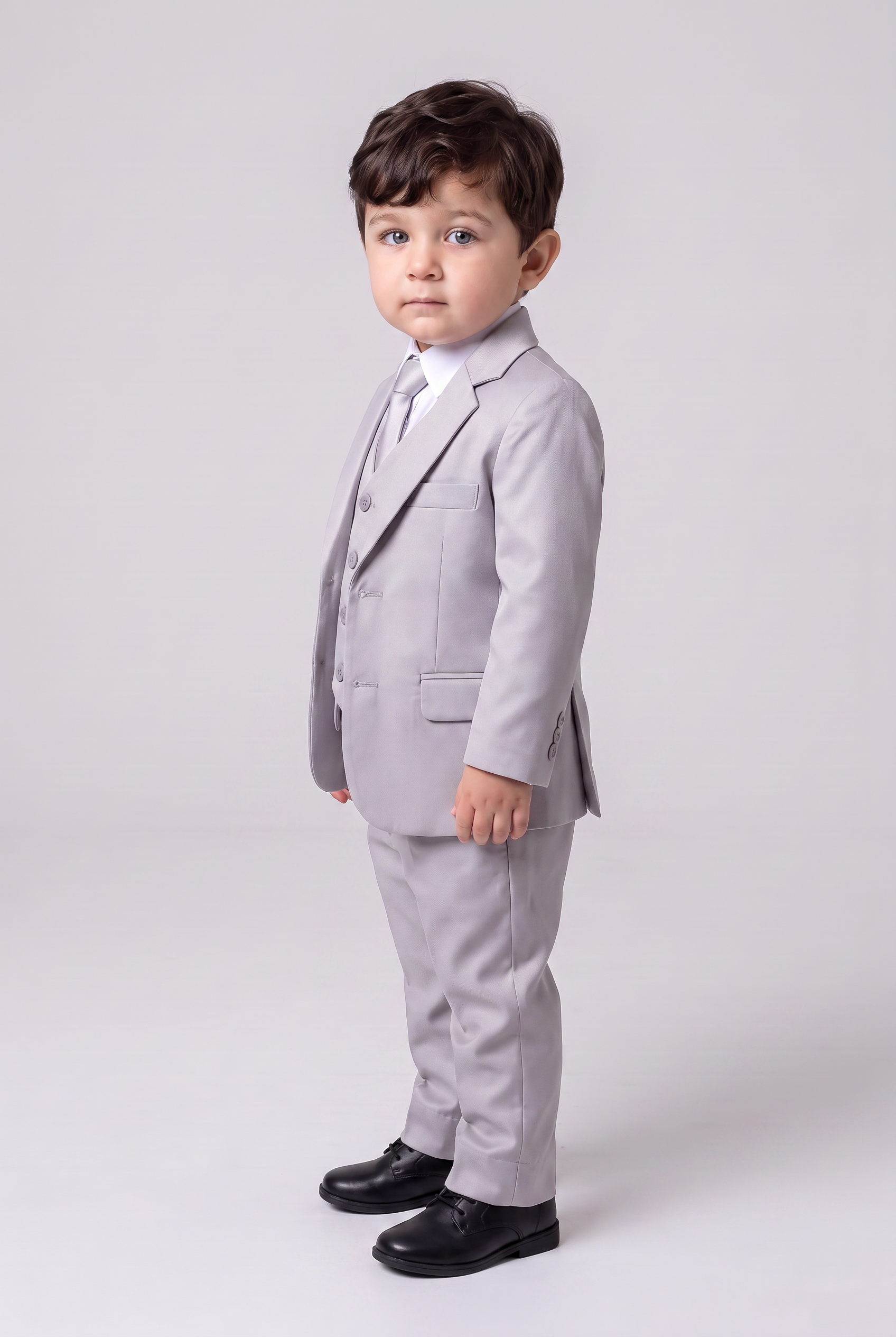 Terno Infantil Slim Italiano Poliviscose Cinza Claro - vista tres quartos lateral