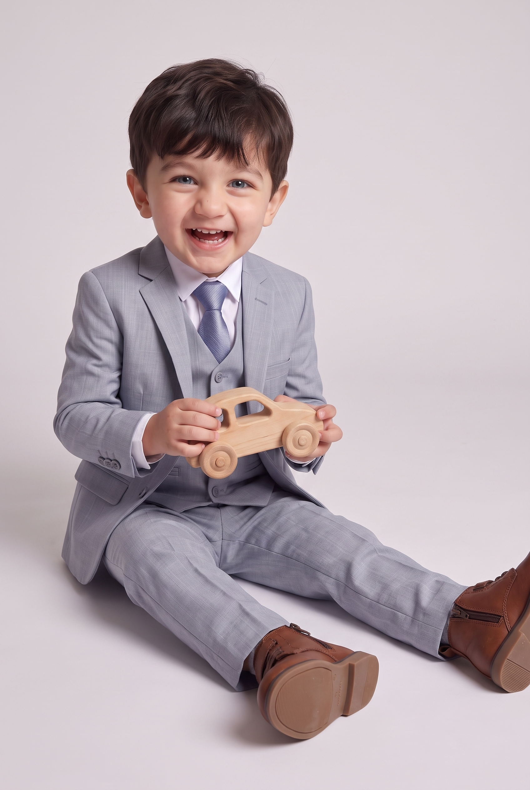 Terno Infantil Slim Italiano Melange New Aco - sentado com carrinho de madeira