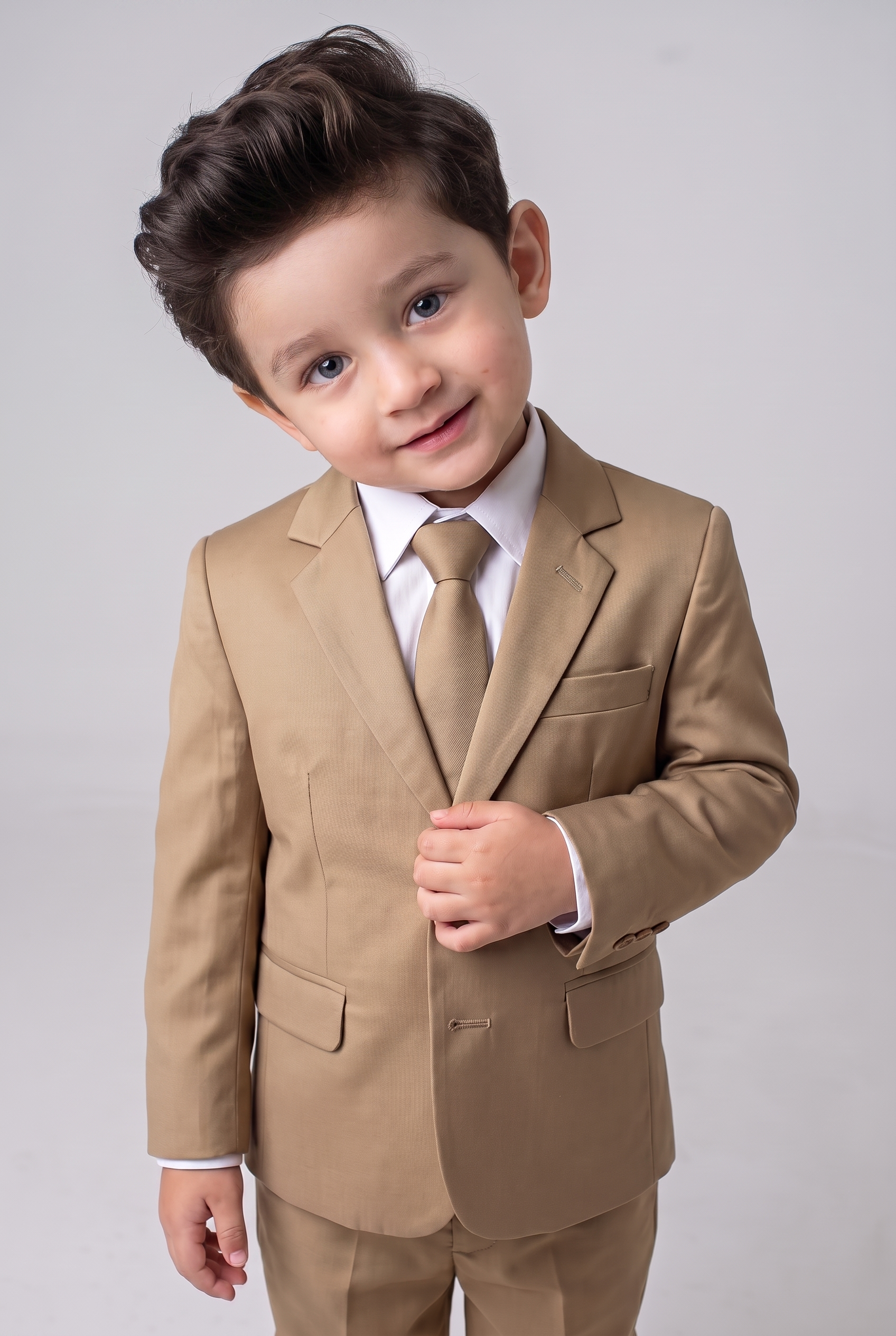 Costume Infantil Slim Italiano Poliviscose Caqui - close segurando a lapela
